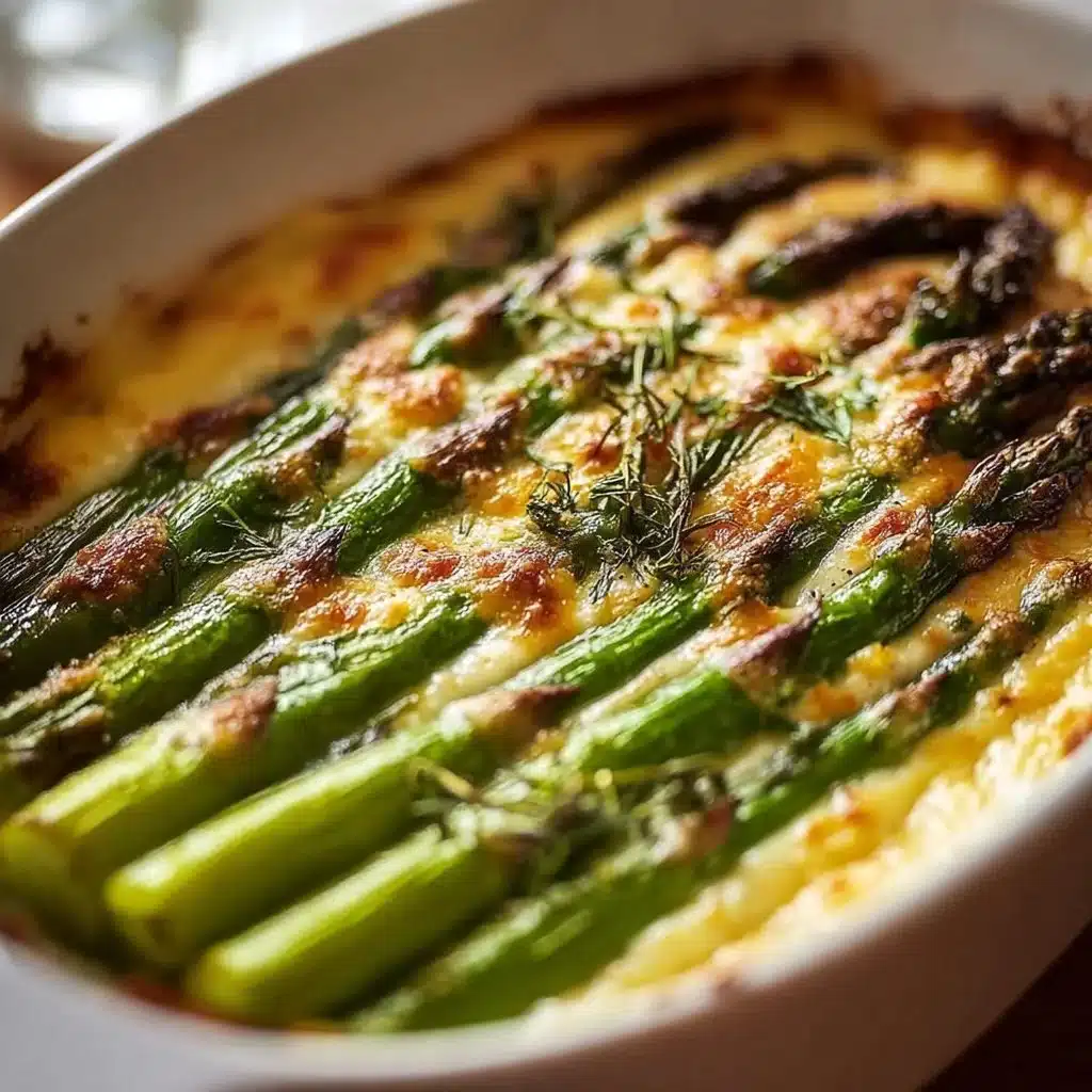 Delicious asparagus bake ready to serve, showcasing fresh asparagus and golden cheese.