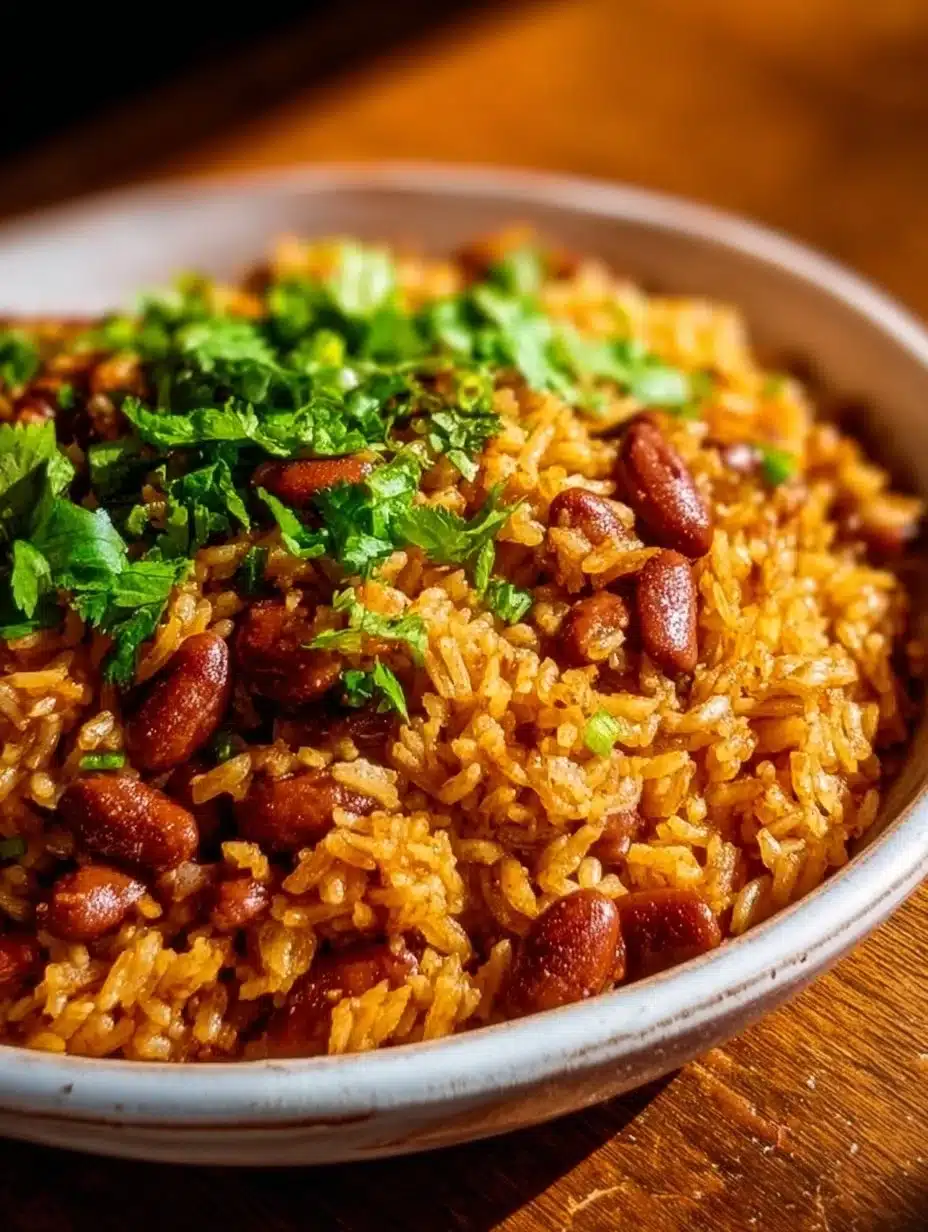 Delicious bowl of authentic Puerto Rican Rice and Beans served with fresh herbs.