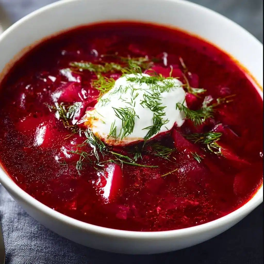 A bowl of vibrant borscht topped with sour cream and fresh herbs