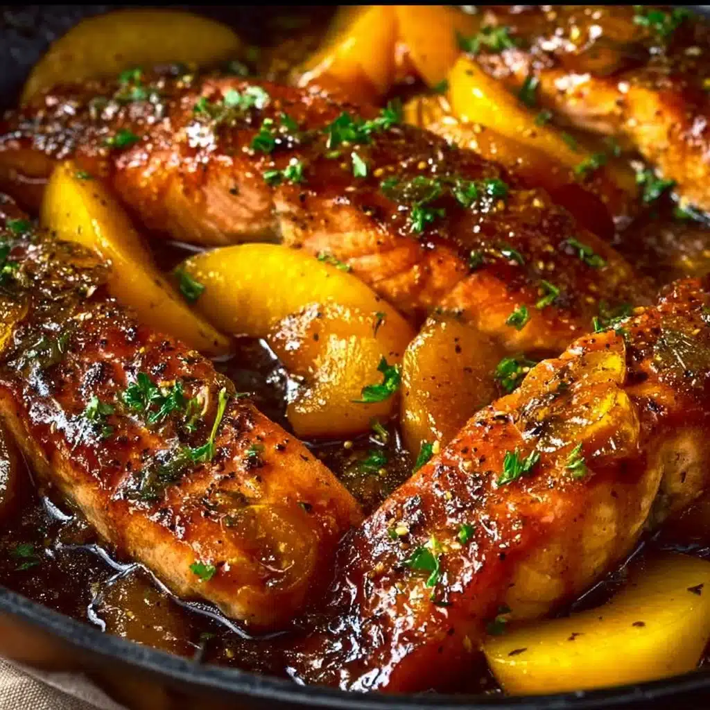 Bourbon Peach Roasted Salmon served with fresh ingredients and herbs