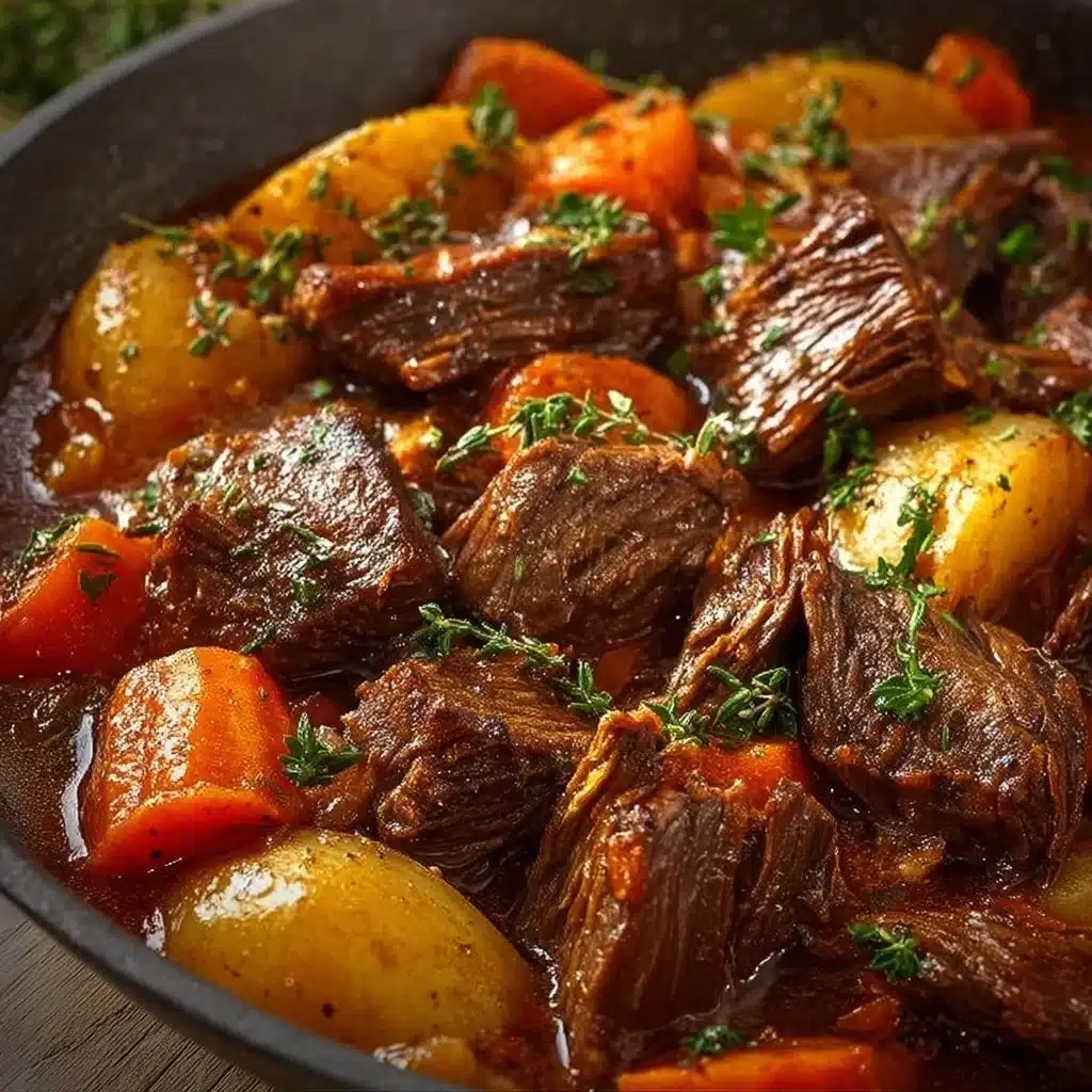 Delicious braised meat served with vegetables and herbs