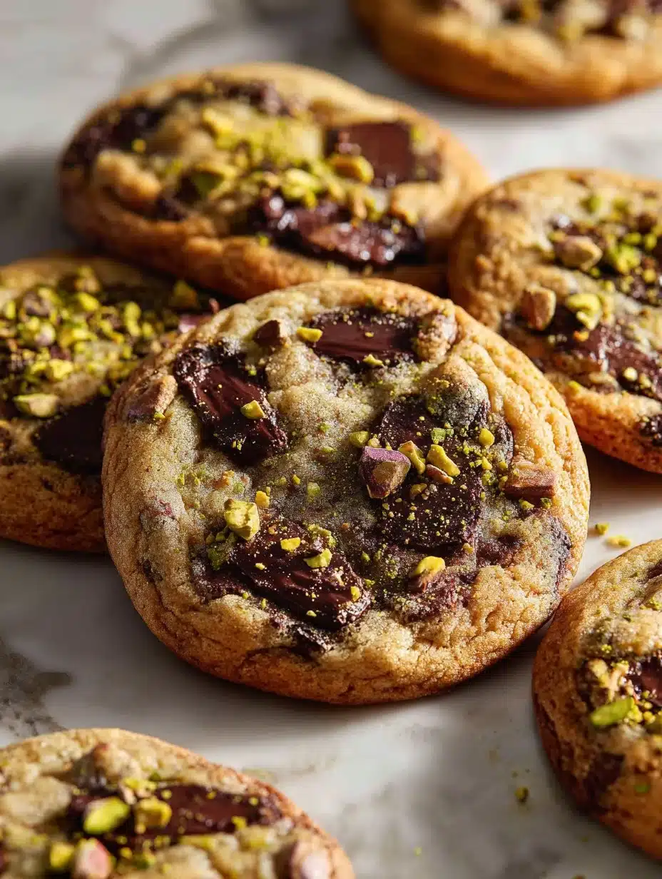 Brown butter pistachio chocolate chip cookies on a plate