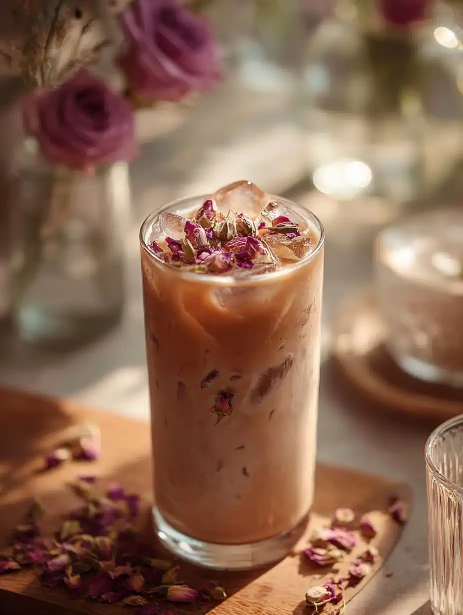 Cardamom Rose Tea Latte in a cozy setting with spices and rose petals
