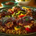 Delicious Caribbean Chicken served with vibrant spiced rice on a plate.