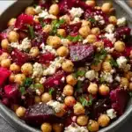 Chickpea salad with beets and feta cheese in a bowl