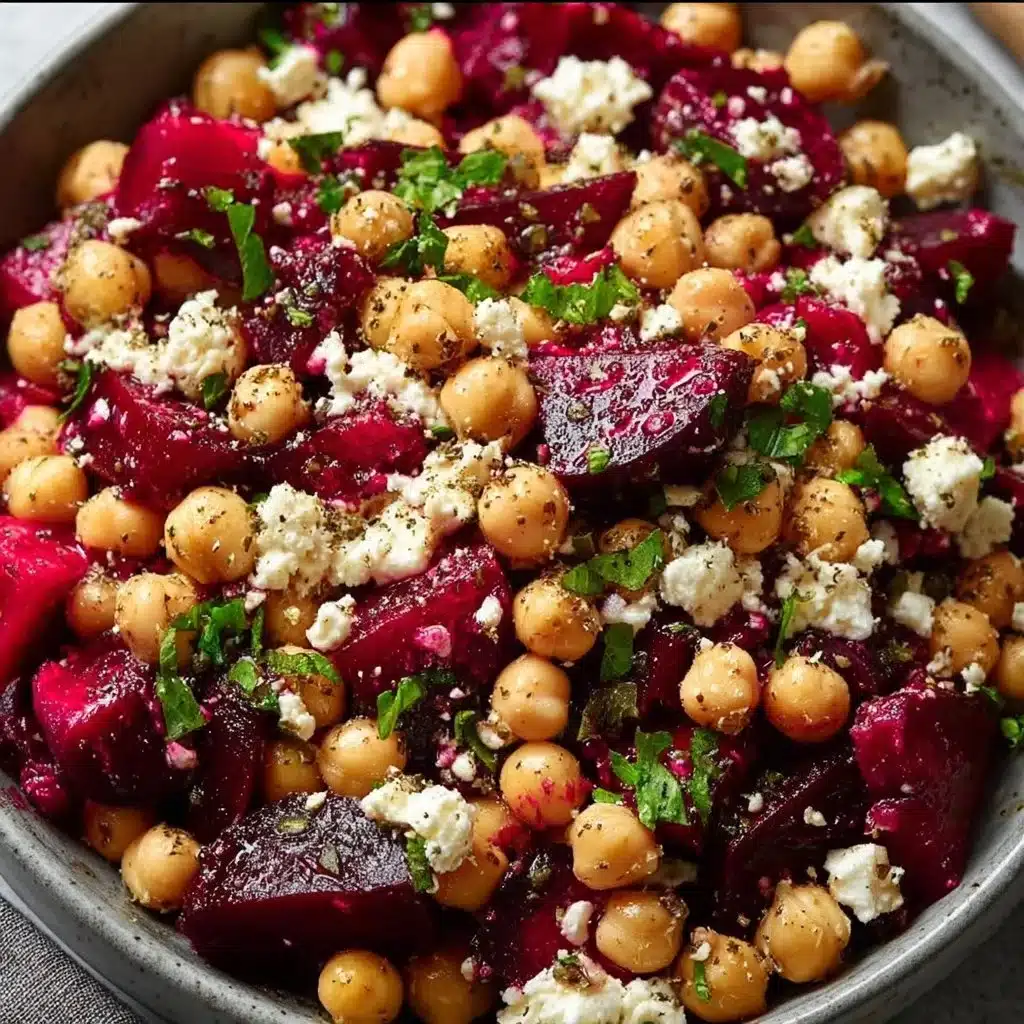 Chickpea salad with beets and feta cheese in a bowl