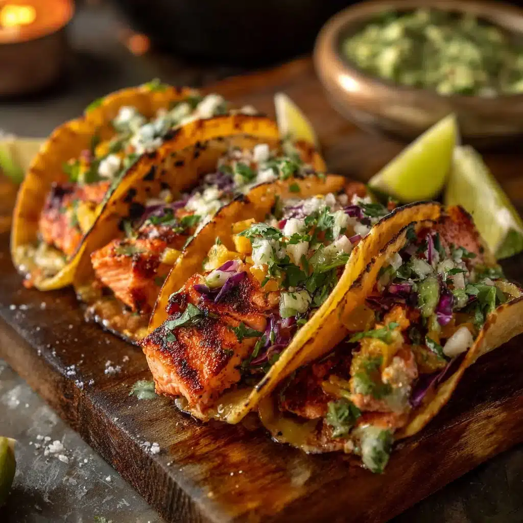 Delicious chipotle salmon tacos garnished with fresh ingredients
