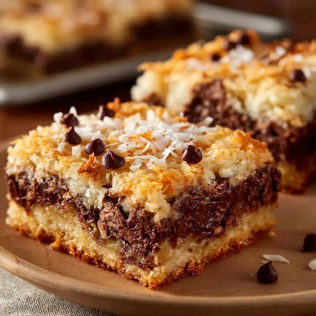Homemade chocolate coconut bars with chocolate drizzle and shredded coconut on top
