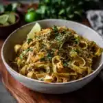 Plate of cilantro lime noodles garnished with fresh cilantro and lime slices