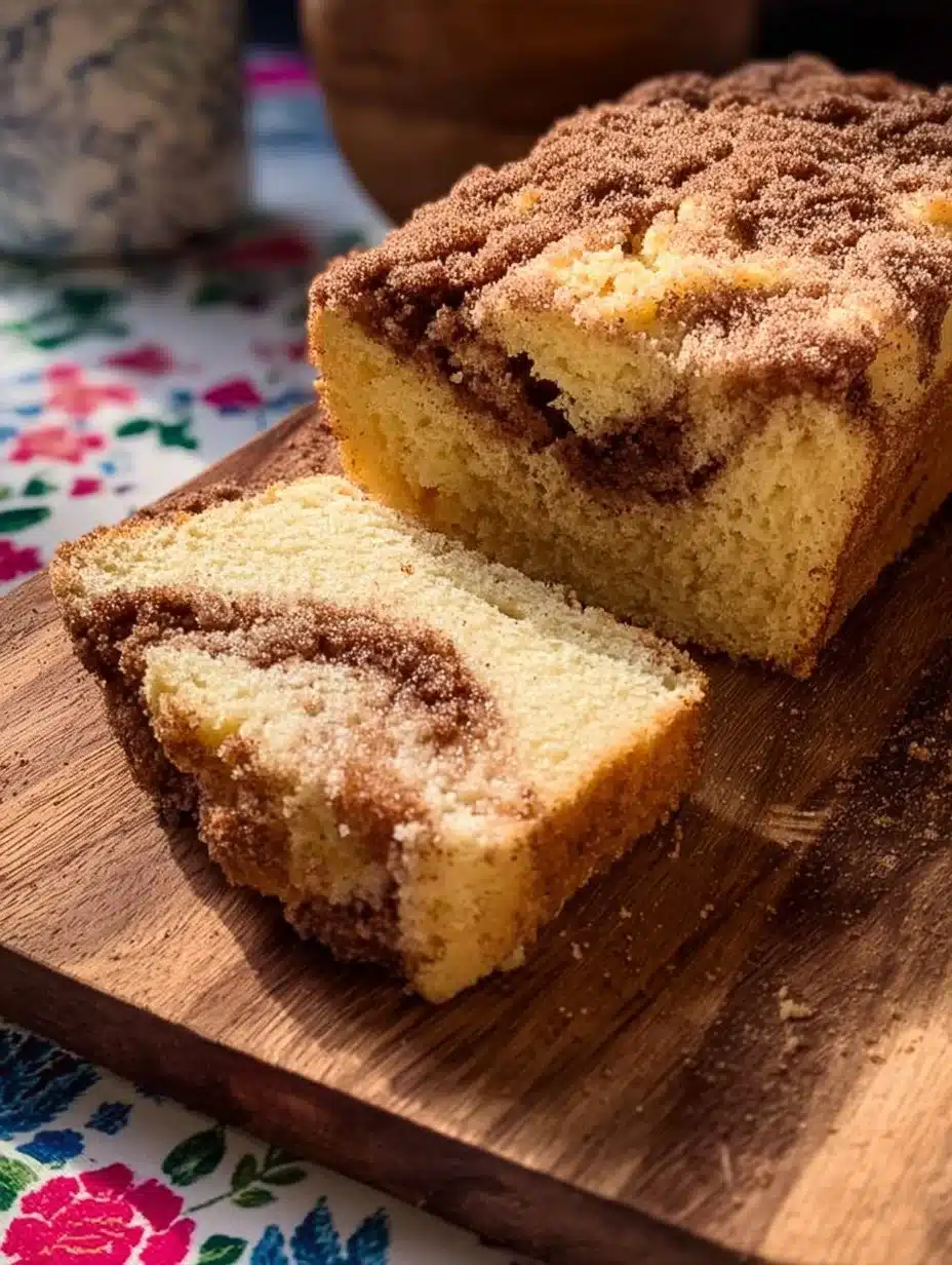 Sliced Cinnamon Streusel Coffee Cake on a plate with a coffee cup
