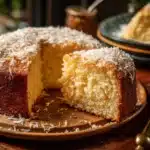 Delicious coconut rum cake topped with coconut flakes and served on a rustic table.