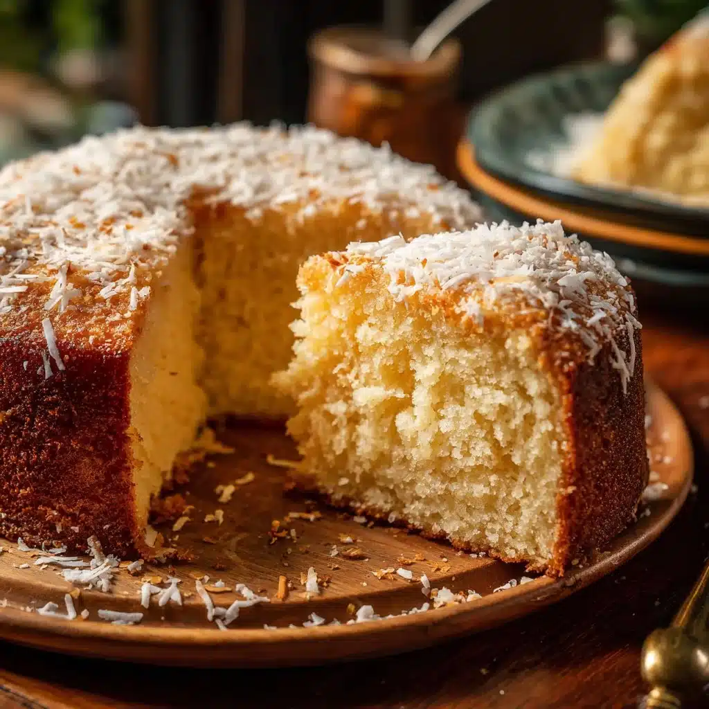 Delicious coconut rum cake topped with coconut flakes and served on a rustic table.