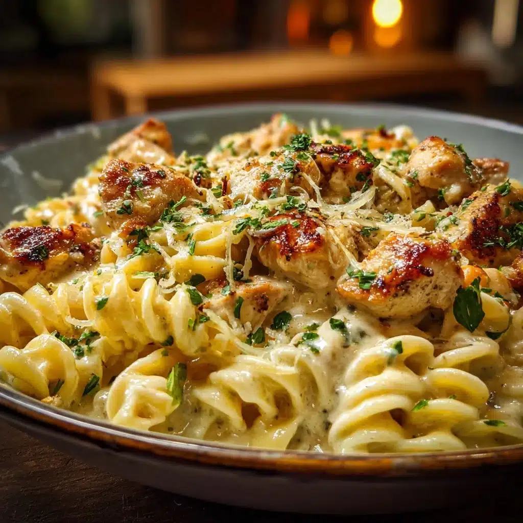 Cozy creamy chicken pasta served in a bowl with herbs and cheese