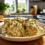 Cream cheese chicken dish garnished with herbs on a plate