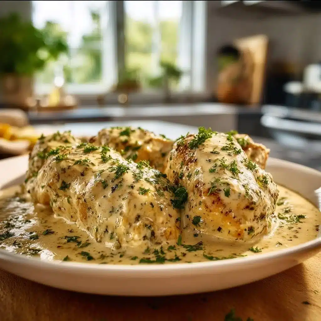 Cream cheese chicken dish garnished with herbs on a plate