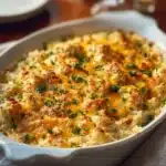Creamy chicken cauliflower rice casserole topped with cheese and herbs