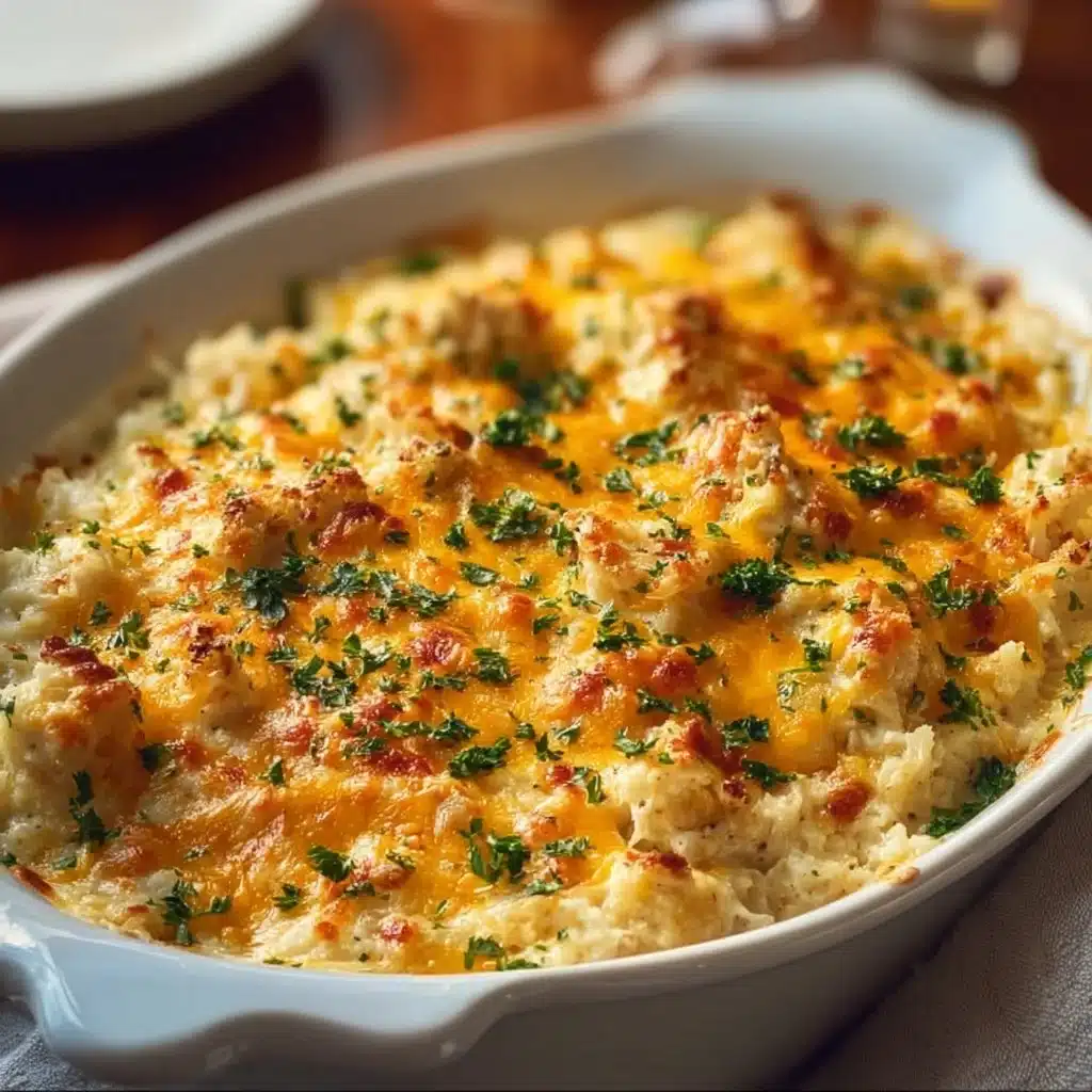 Creamy chicken cauliflower rice casserole topped with cheese and herbs