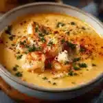 Bowl of creamy crab and shrimp bisque with fresh herbs