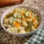 Creamy dill pickle pasta salad served in a bowl with fresh herbs.