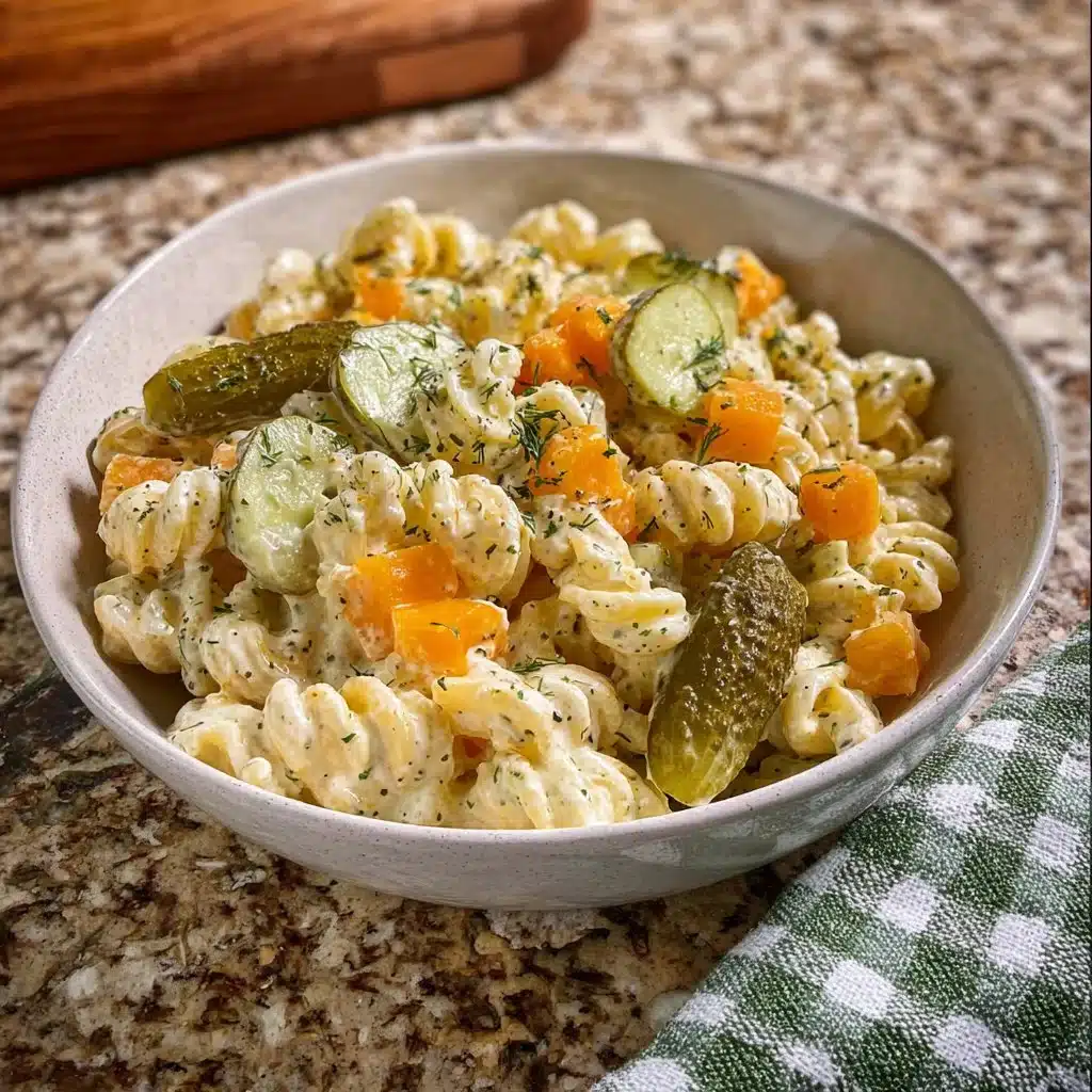 Creamy dill pickle pasta salad served in a bowl with fresh herbs.