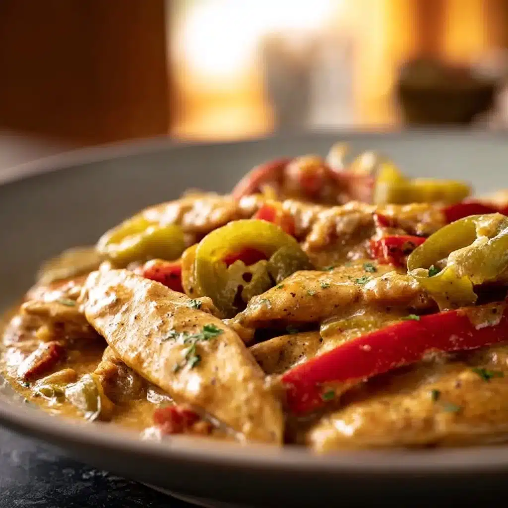 Creamy Pepperoncini Chicken Skillet featuring tender chicken and zesty peppers.