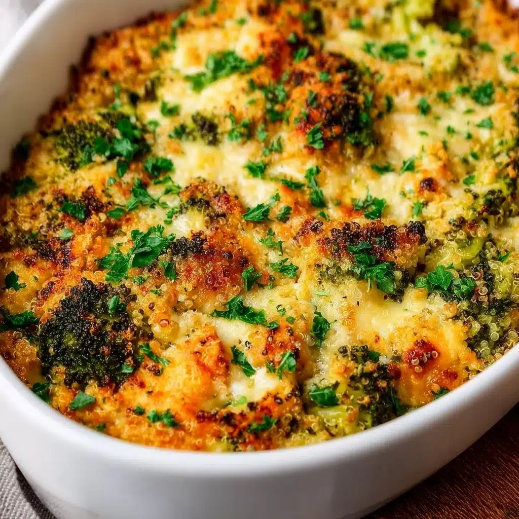 Creamy quinoa broccoli and cheese casserole served in a dish