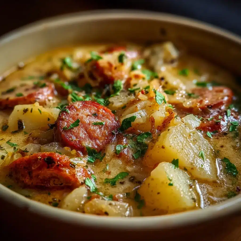Creamy sausage soup in a bowl garnished with parsley and bread on the side