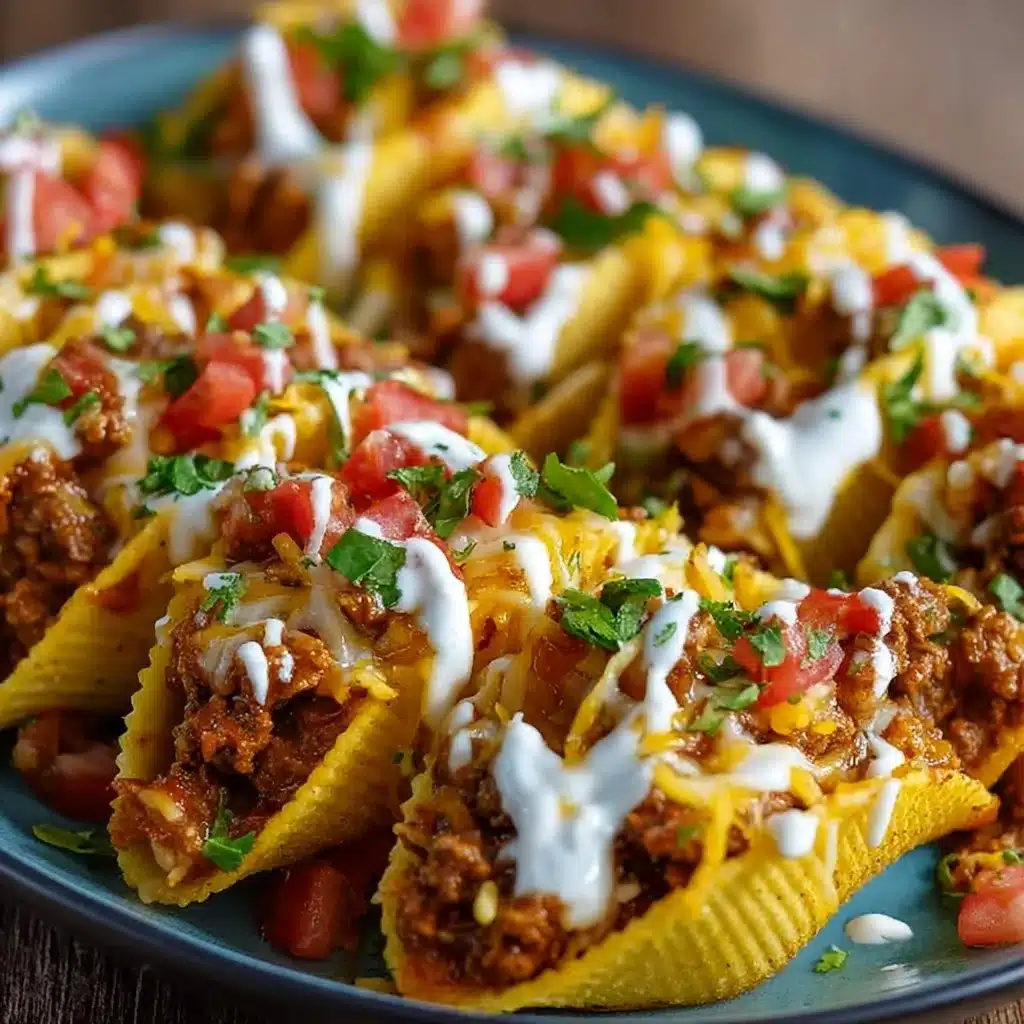 Creamy taco stuffed shells filled with seasoned beef and cheese