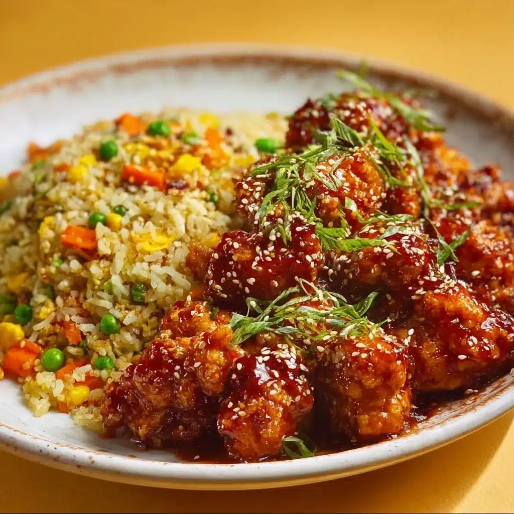 Plate of crispy chicken with vegetable fried rice, showcasing a delicious meal.