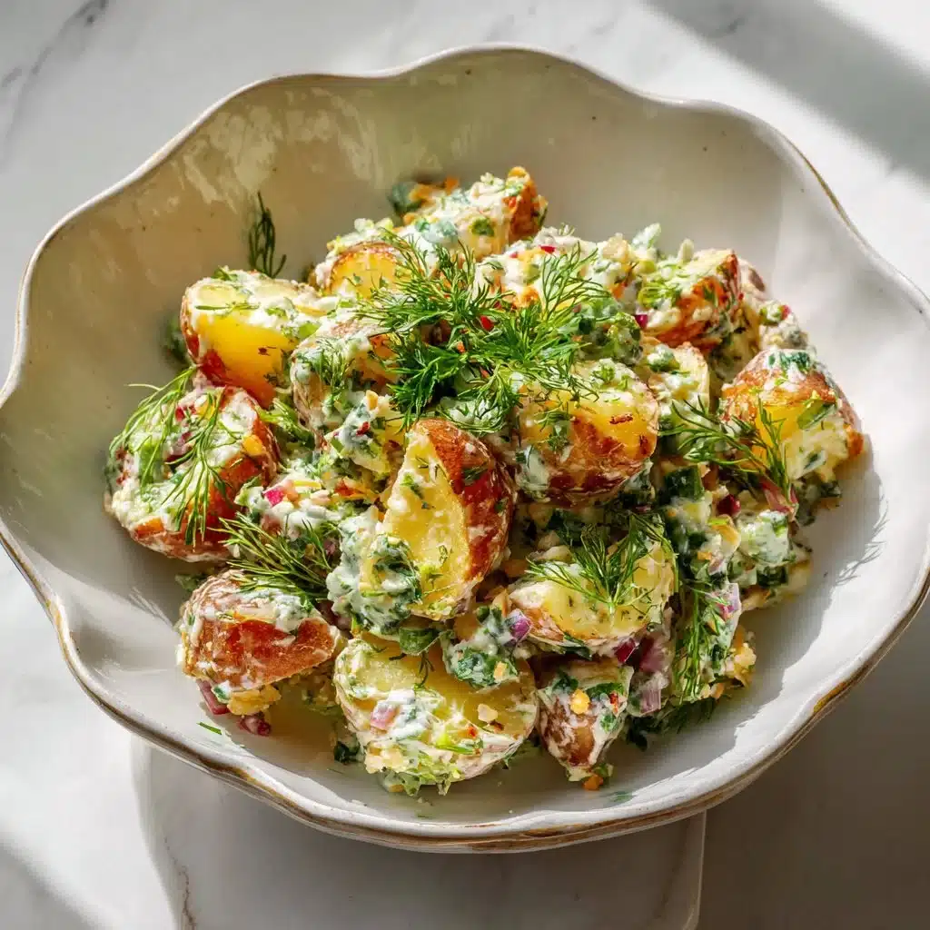 Crispy smashed potato salad served in a bowl with fresh herbs.