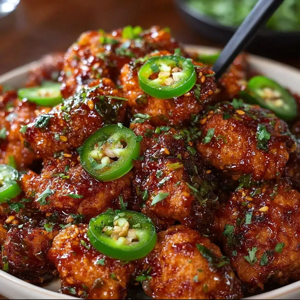 Plate of crispy spicy jalapeño chicken garnished with fresh jalapeños