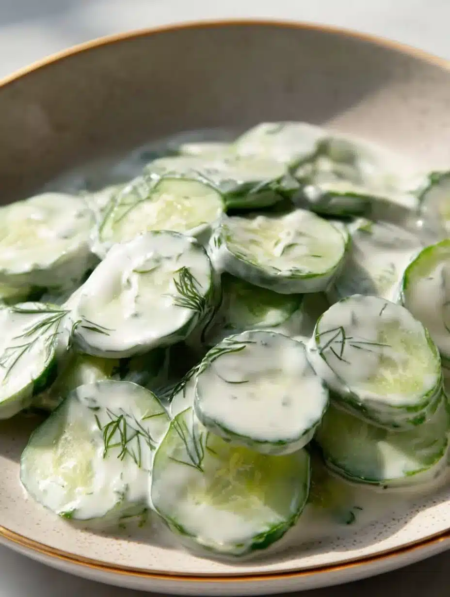 Freshly prepared cucumber salad with herbs and dressing in a bowl