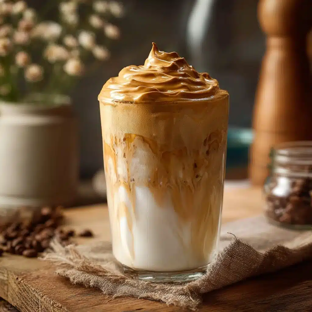 A cup of Dalgona whipped iced coffee topped with frothy whipped cream.