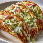 Dill pickle ranch smash chicken tacos with crispy cheese lace on a plate