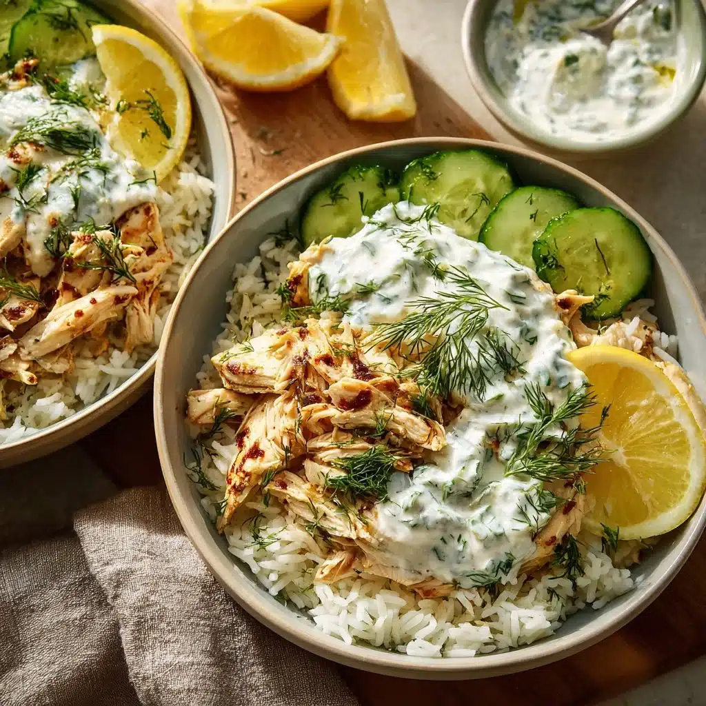 Dump-and-Bake Chicken Tzatziki served with rice on a plate