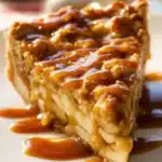 Delicious Dutch Caramel Apple Pie topped with caramel sauce and flaky crust.