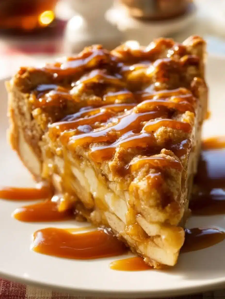 Delicious Dutch Caramel Apple Pie topped with caramel sauce and flaky crust.
