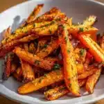 Crispy air fryer carrot fries garnished with herbs on a plate.