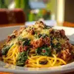 Delicious Garlic Butter Spaghetti with Italian Sausage on a plate