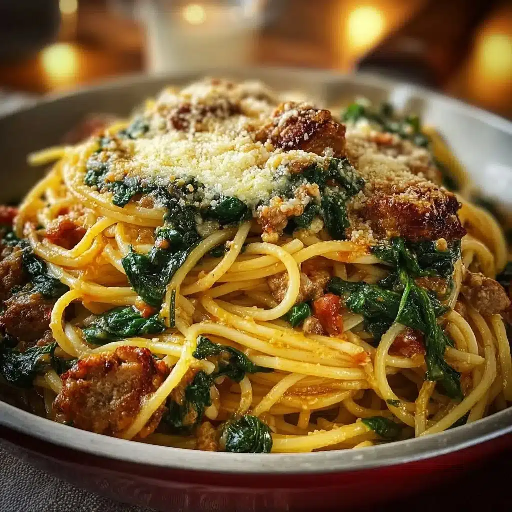 Garlic Butter Spaghetti with Cheesy Italian Sausage and Spinach