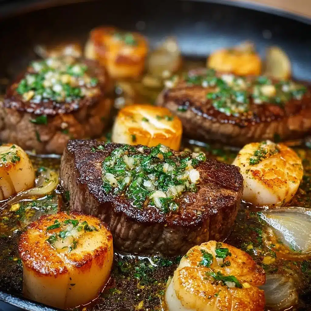 Plate of Garlic Butter Steak and Scallops garnished with herbs