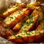 Crispy Garlic Parmesan Potato Wedges served on a plate with herbs