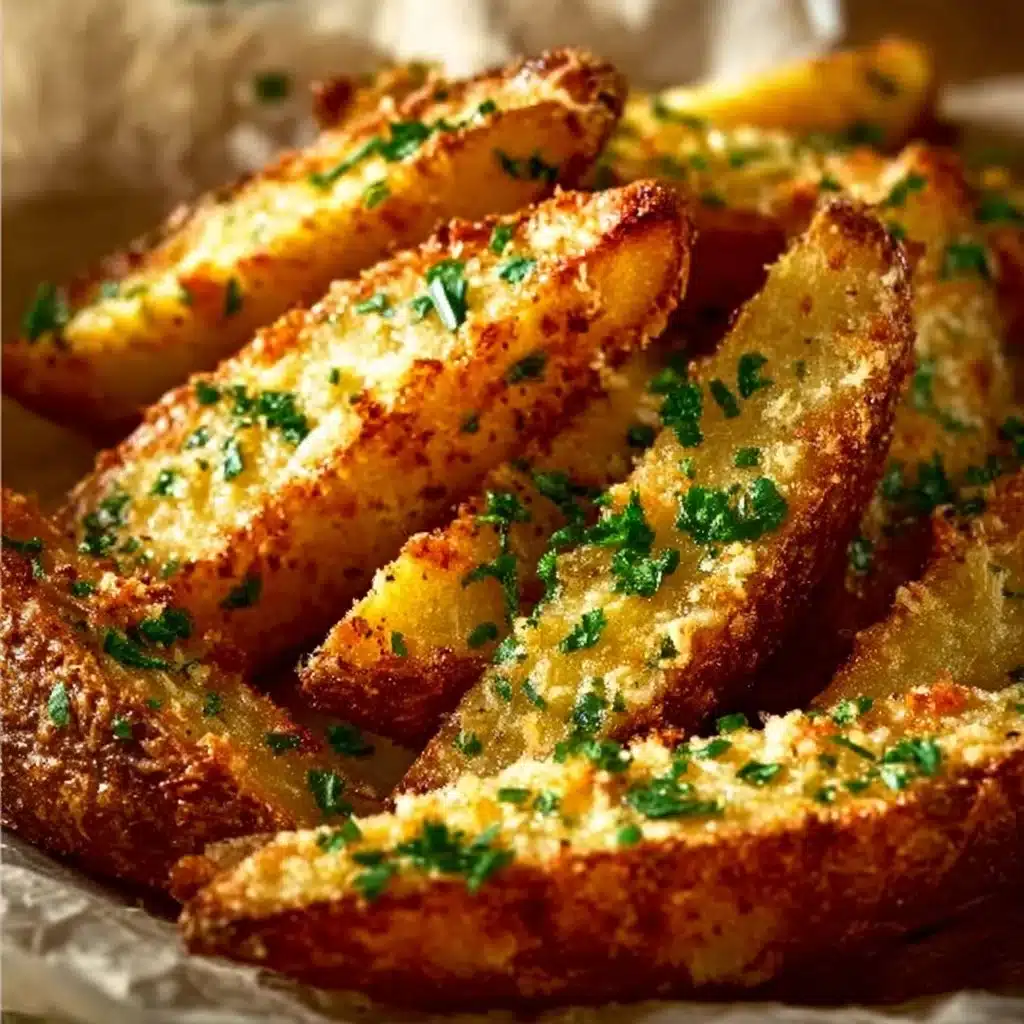 Crispy Garlic Parmesan Potato Wedges served on a plate with herbs