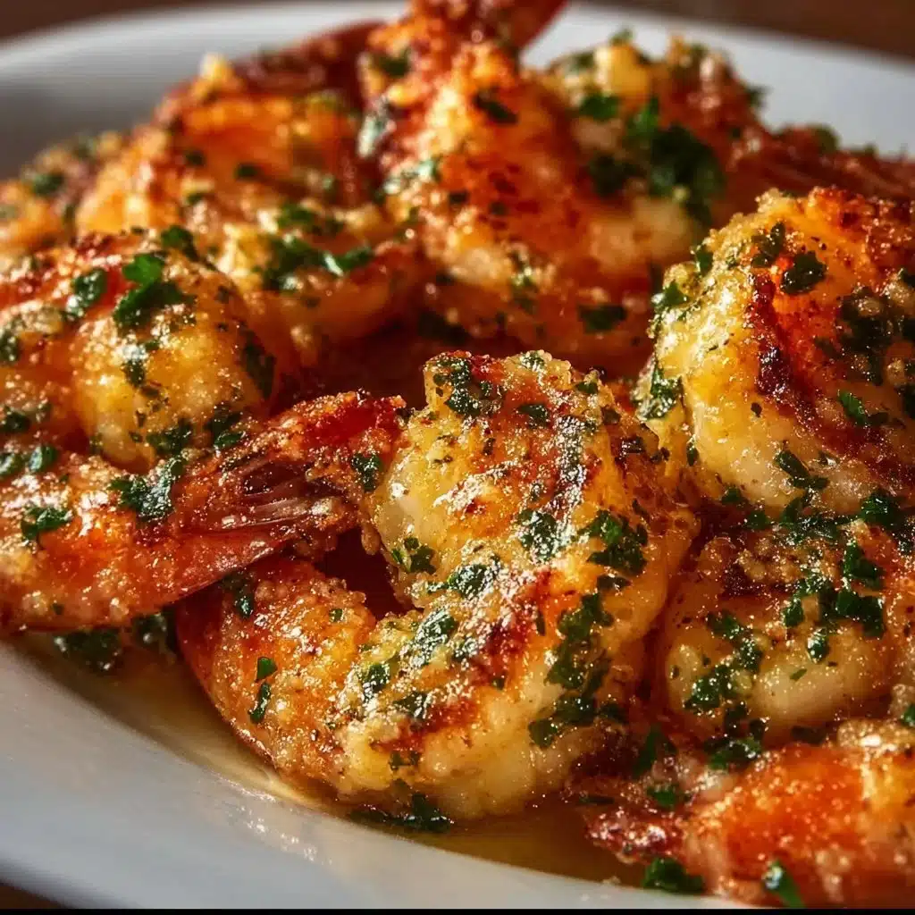 Plate of Garlic Parmesan Roasted Shrimp garnished with herbs