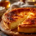 Golden Greek Honey Pie topped with sliced almonds and honey drizzle