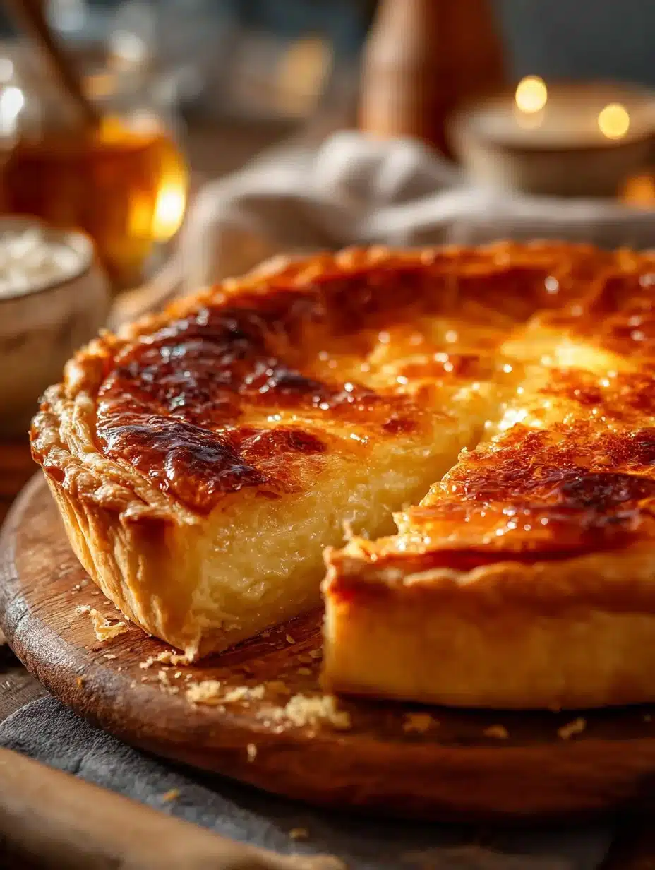 Golden Greek Honey Pie topped with sliced almonds and honey drizzle