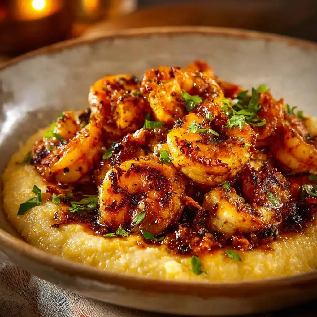 Gouda grits paired with smoky brown butter shrimp in a gourmet dish.
