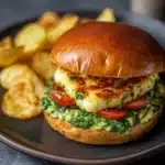Halloumi Burger topped with chimichurri mayo displayed on a wooden board