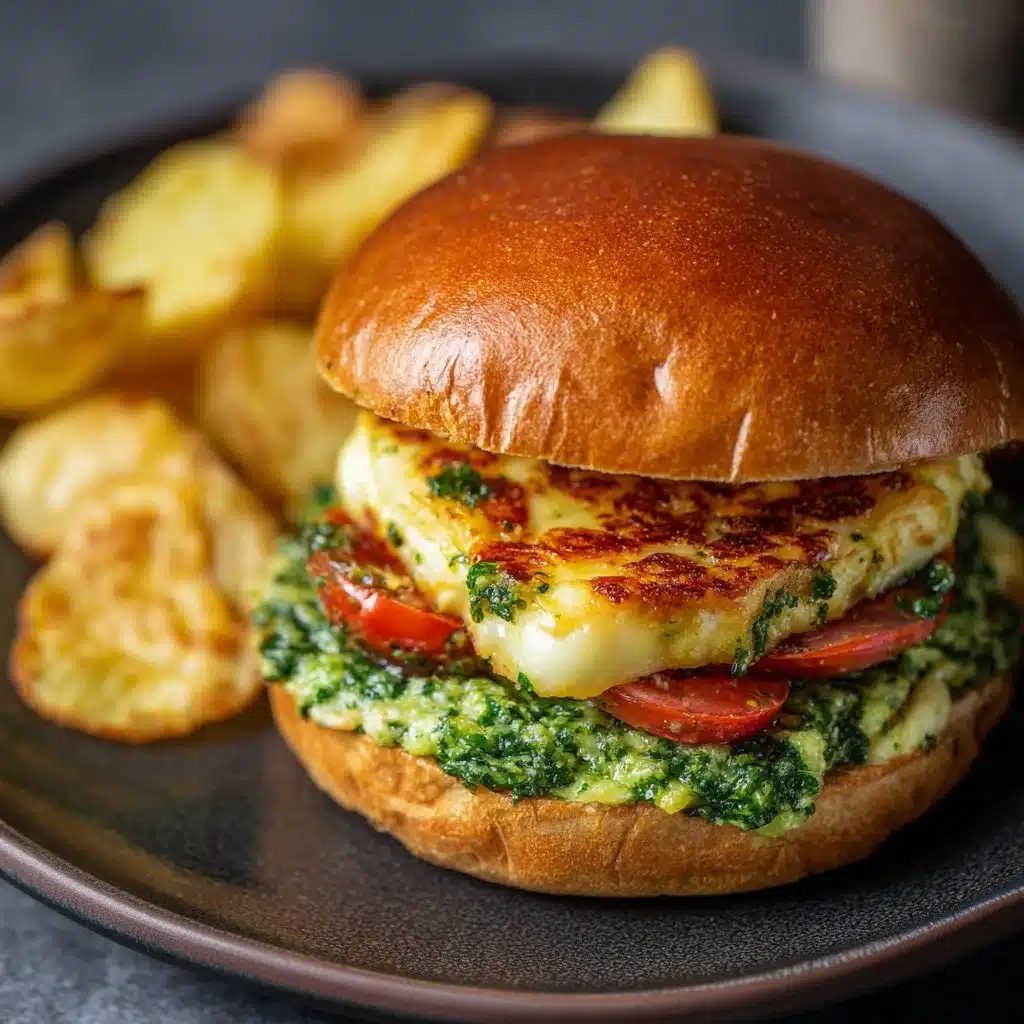 Halloumi Burger topped with chimichurri mayo displayed on a wooden board