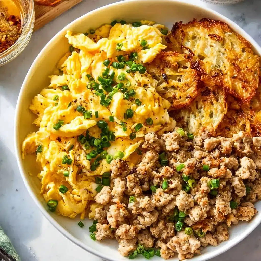 High protein breakfast bowl filled with eggs, quinoa, and fresh vegetables